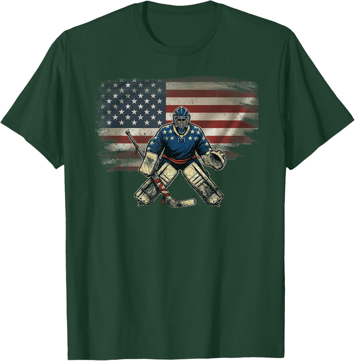 Vintage USA Flag Hockey Lover Ice Hockey Goalie T-Shirt - T-Shirt | Forest