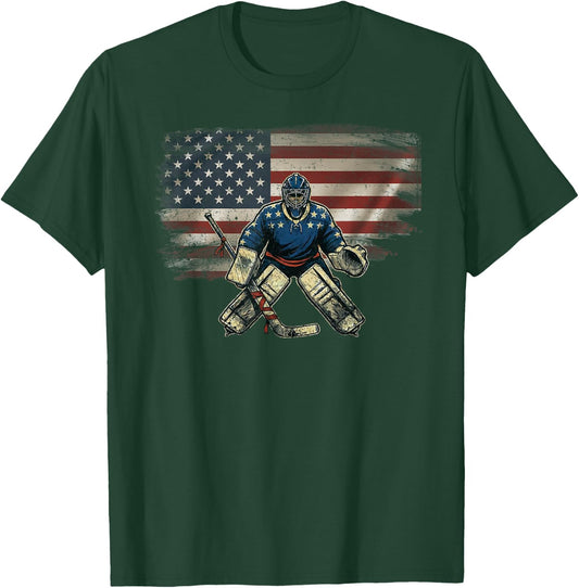 Vintage USA Flag Hockey Lover Ice Hockey Goalie T-Shirt - T-Shirt | Forest