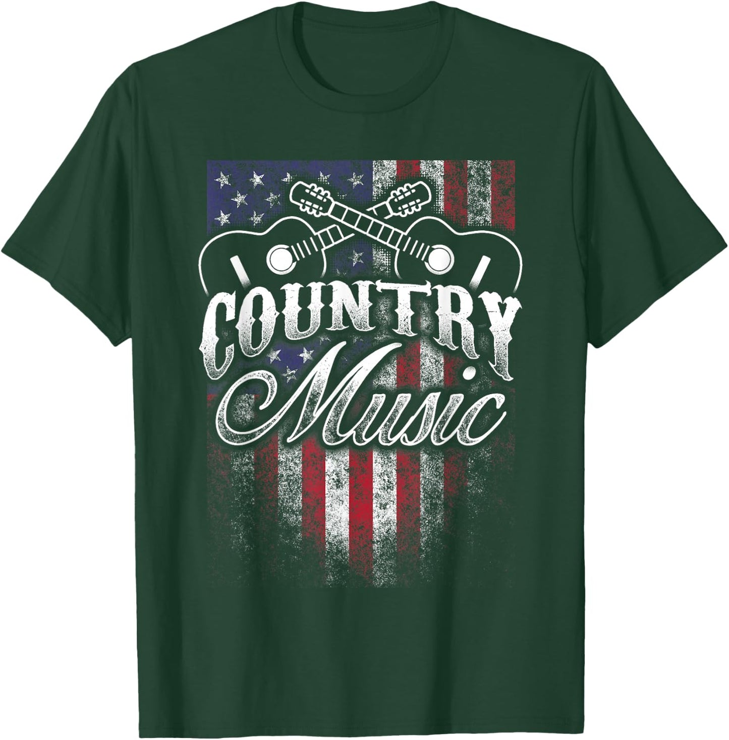 Country Music Guitar & American Flag Western Design T-Shirt - T-Shirt | Forest