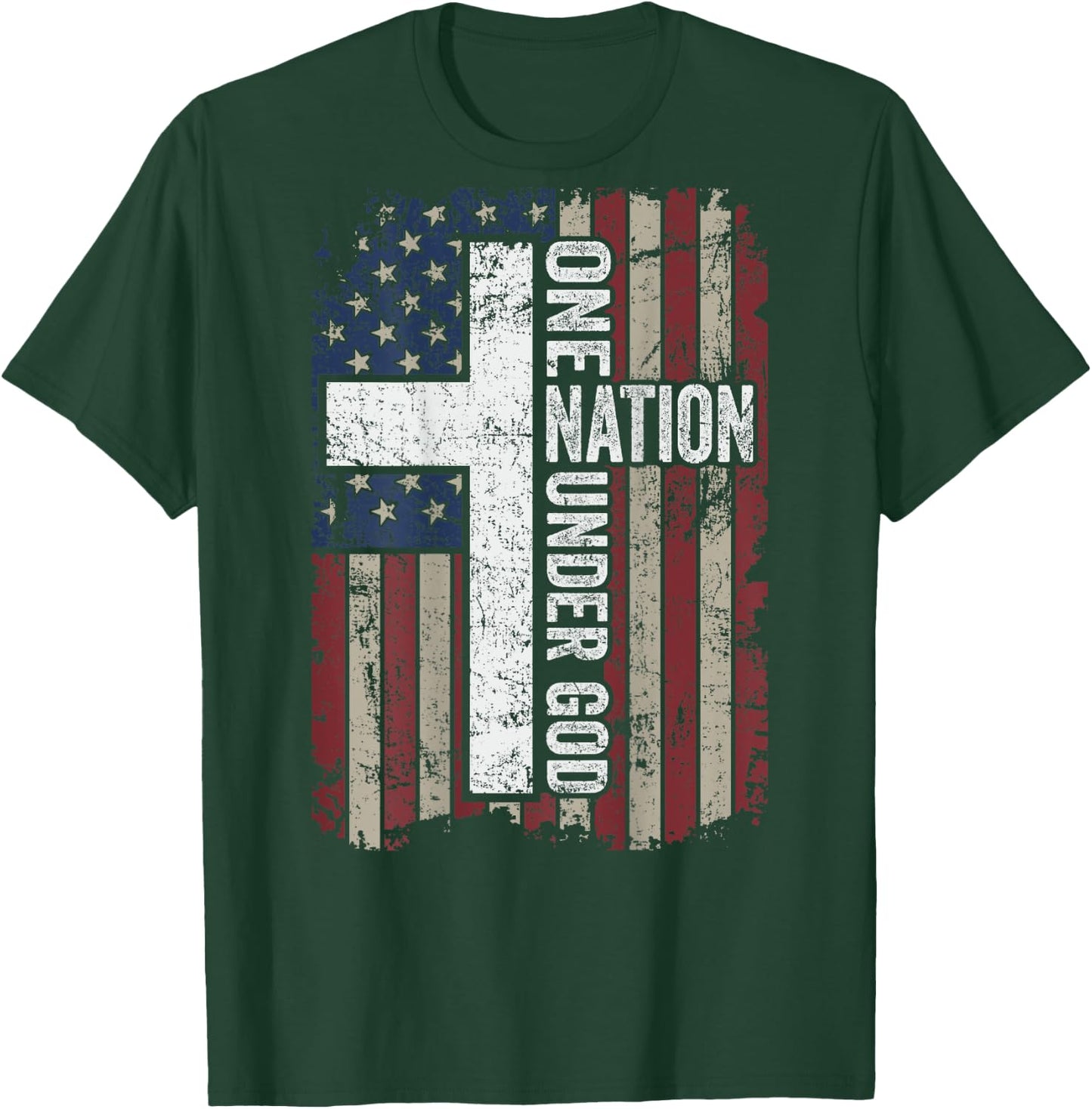 ONE NATION UNDER GOD - Christian Worship USA Flag - ON BACK T-Shirt - T-Shirt | Forest