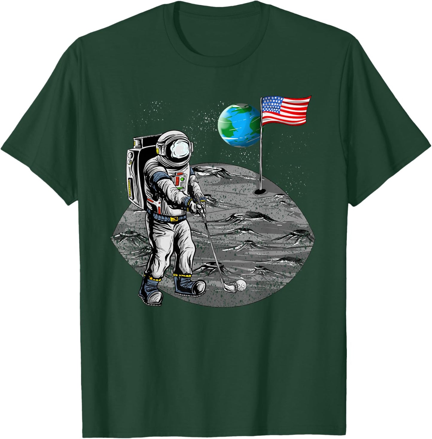 Cute Astronaut Golf US Flag Moon Funny Astronomy Golfer Gift T-Shirt - T-Shirt | Forest