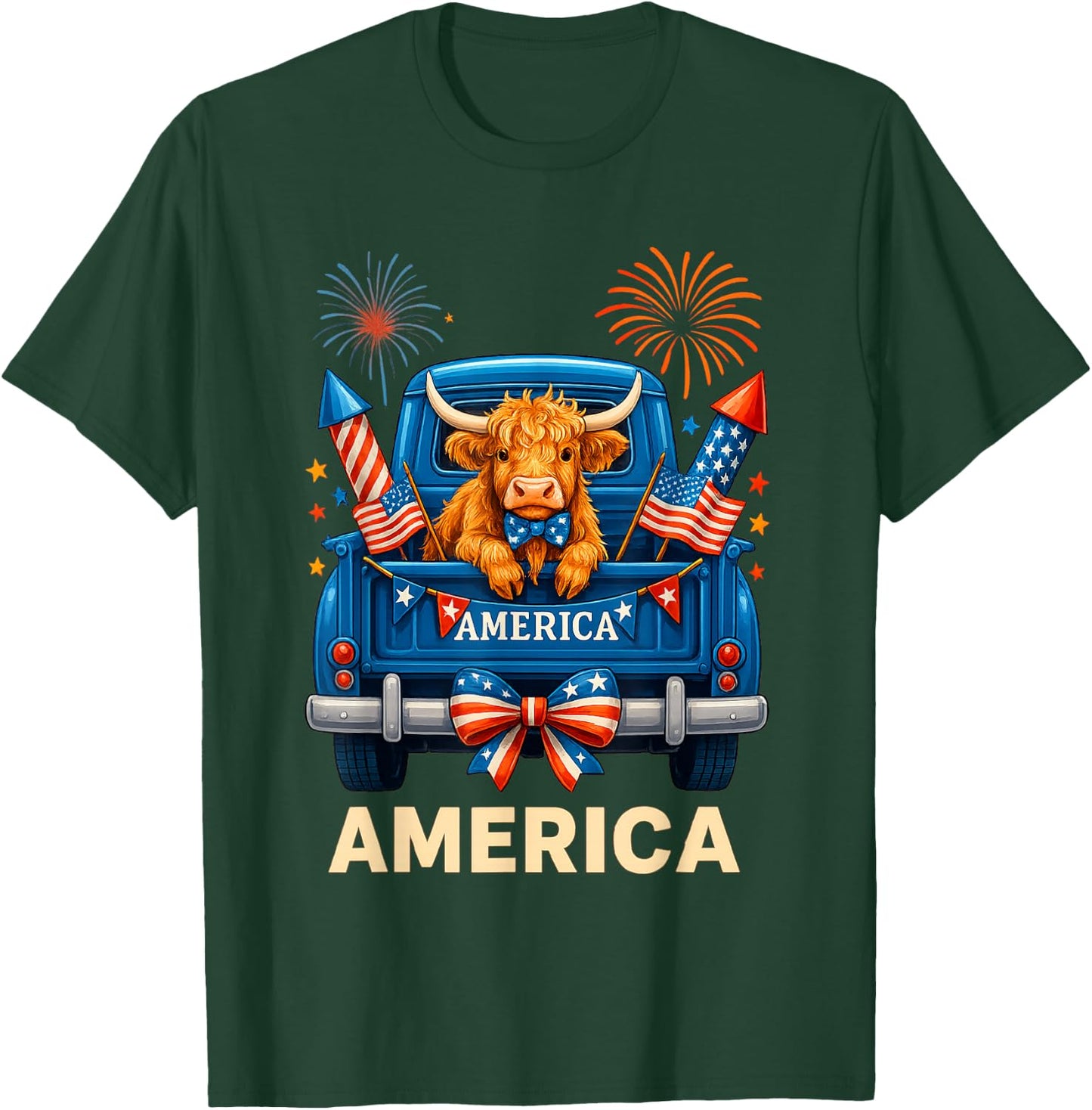 Patriotic Truck Highland Cow Cute 4th of July American Flag T-Shirt - T-Shirt | Forest