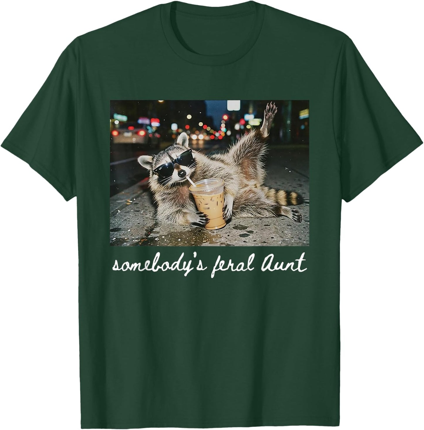 Somebody's Feral Aunt Funny Raccoon Drinking Coffee T-Shirt - T-Shirt | Forest
