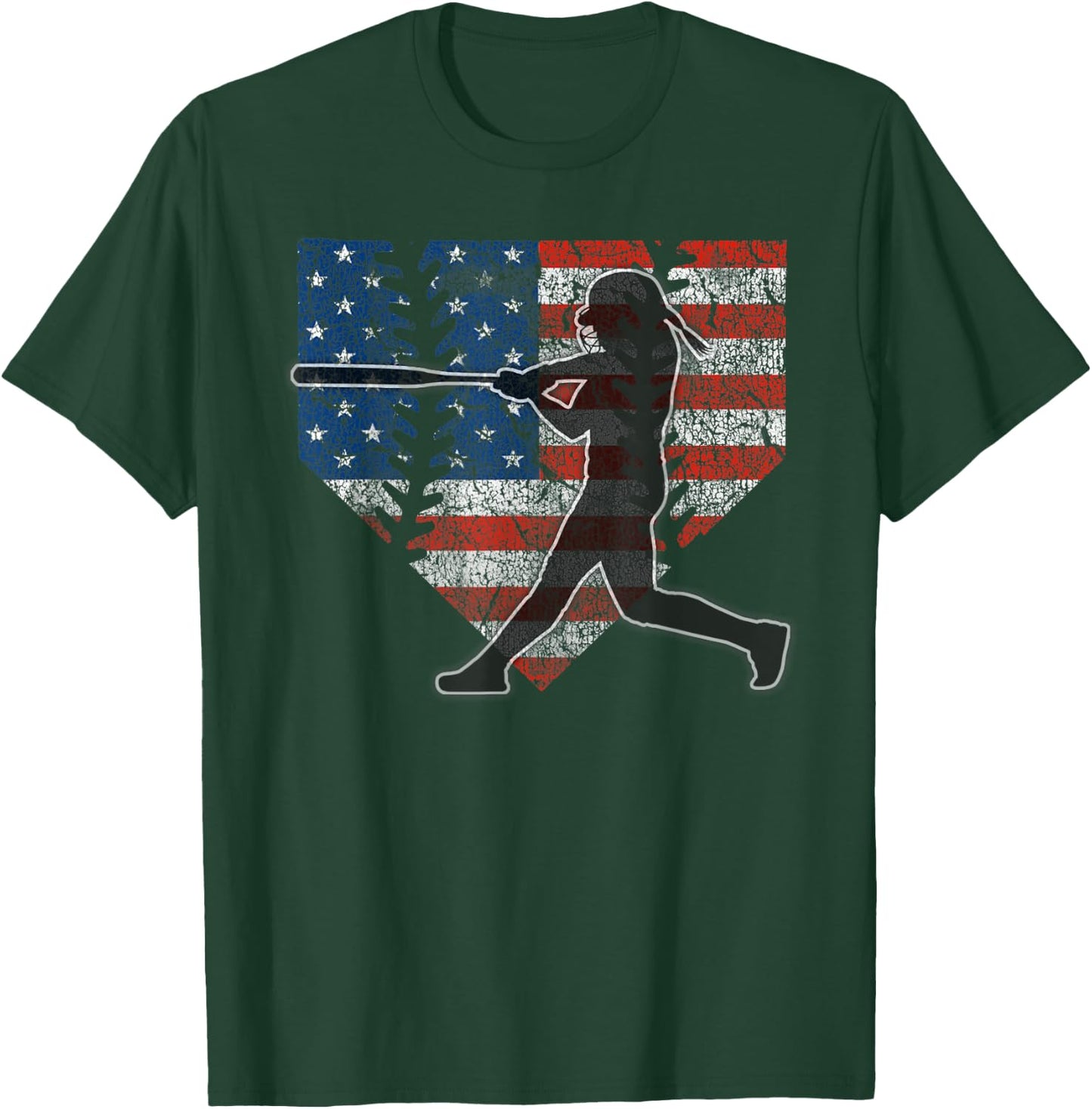 Girls Softball Batter American Flag Home Plate T-Shirt - T-Shirt | Forest
