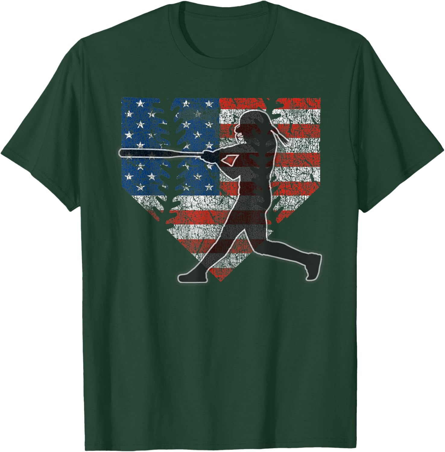 Girls Softball Batter American Flag Home Plate T-Shirt - T-Shirt | Forest