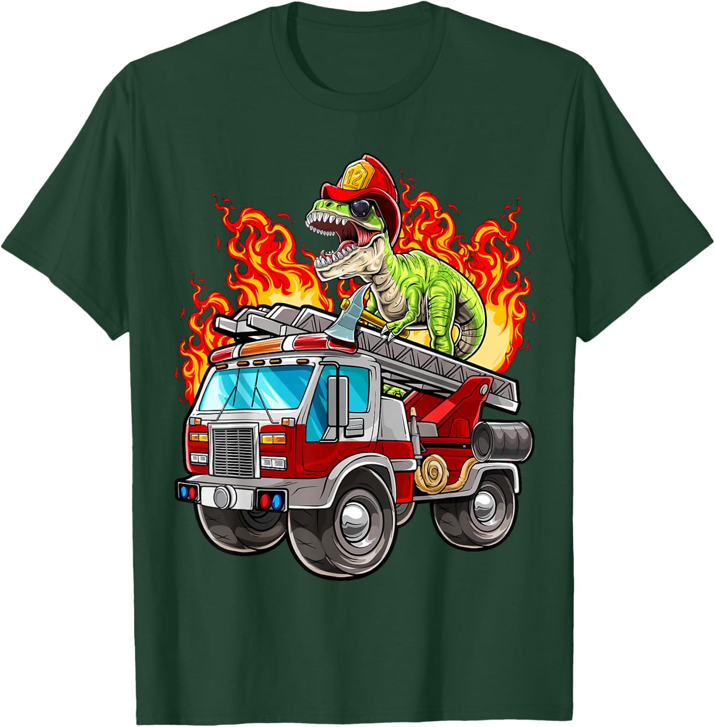 Fireman T Rex Dinosaur Firefighter Hat and Firetruck Boys T-Shirt - T-Shirt | Forest
