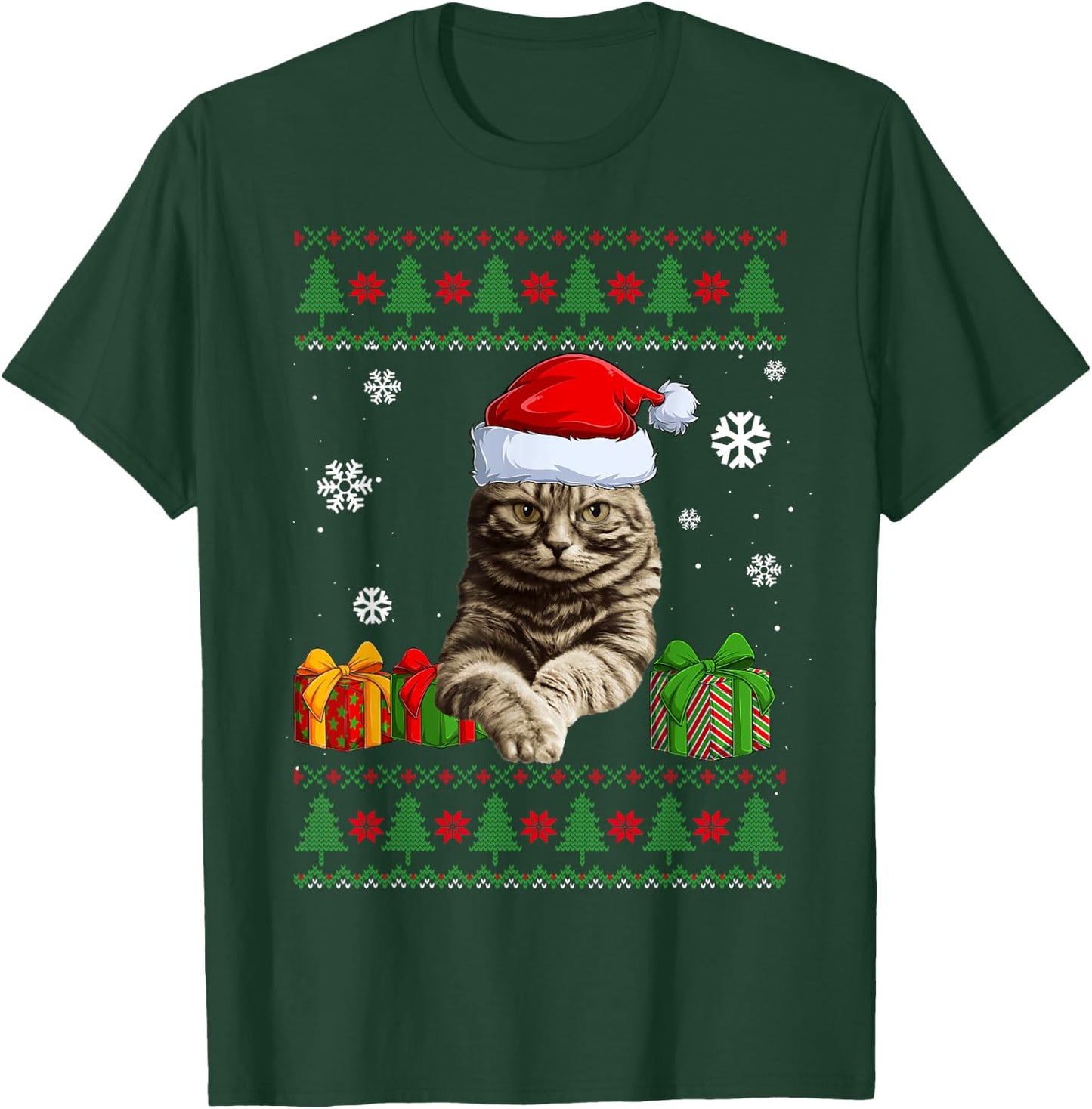 Funny Cat lovers Cute Cat Santa Hat Ugly Christmas Sweater Women Kids T-Shirt - T-Shirt | Forest