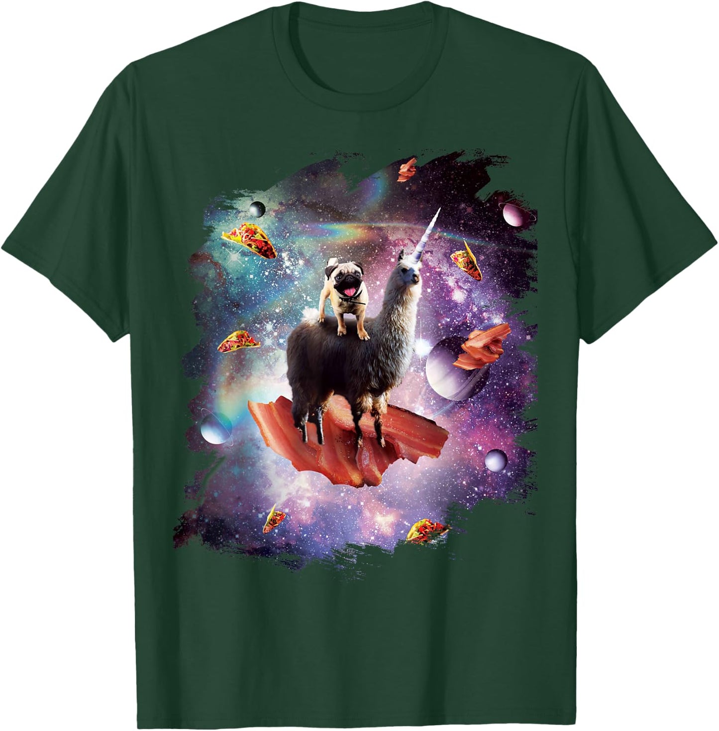 Space Pug Riding Llama Unicorn - Bacon & Taco T-Shirt - T-Shirt | Forest