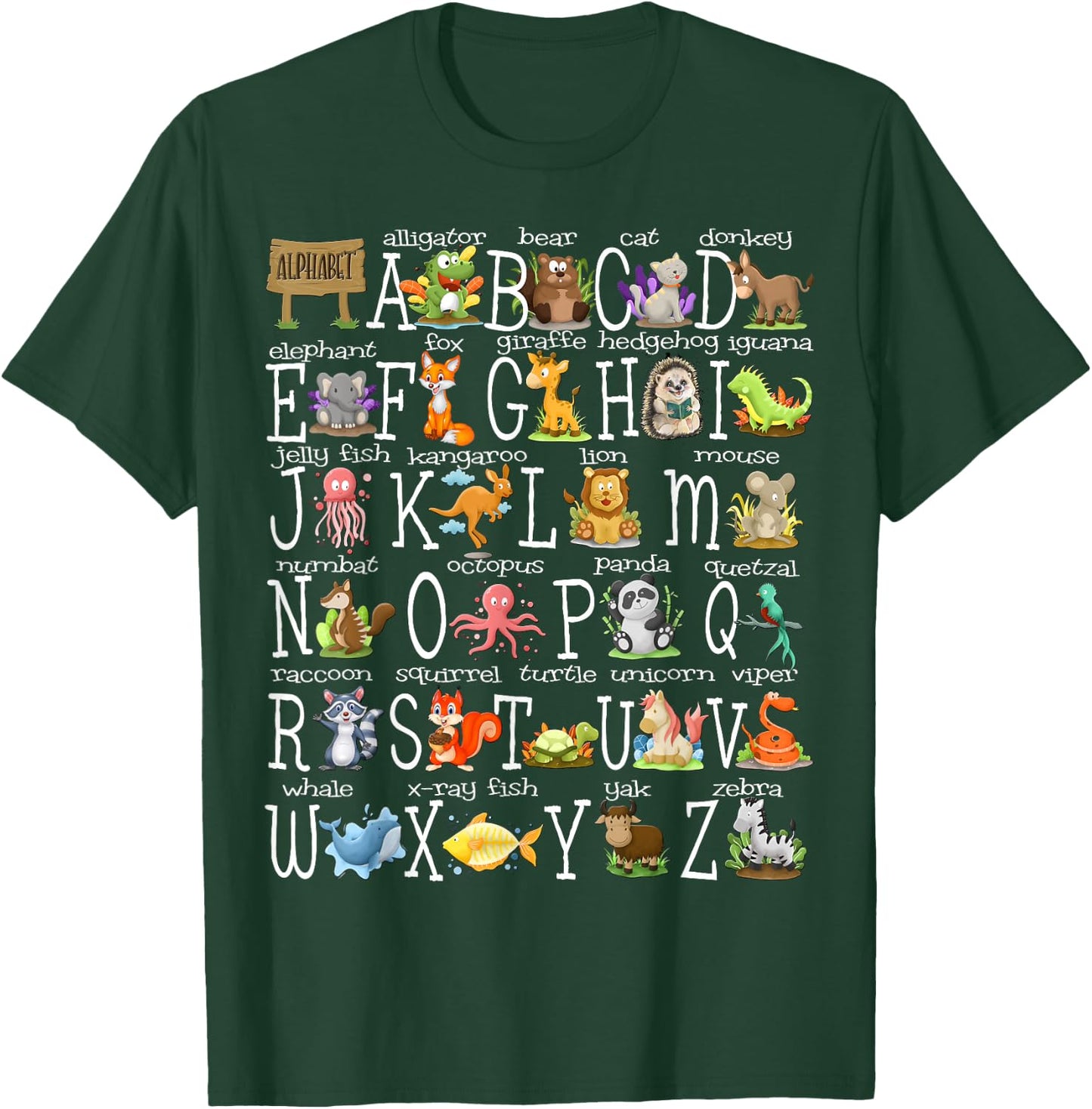 Alphabet Animals Back to School Pre-K Kindergarten Teacher T-Shirt - T-Shirt | Forest