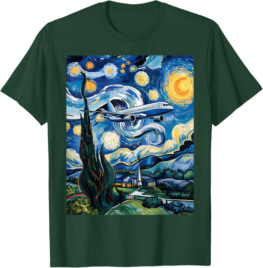 Airplane Starry Night Van Gogh Graphic Aviation Plane Pilot T-Shirt - T-Shirt | Forest