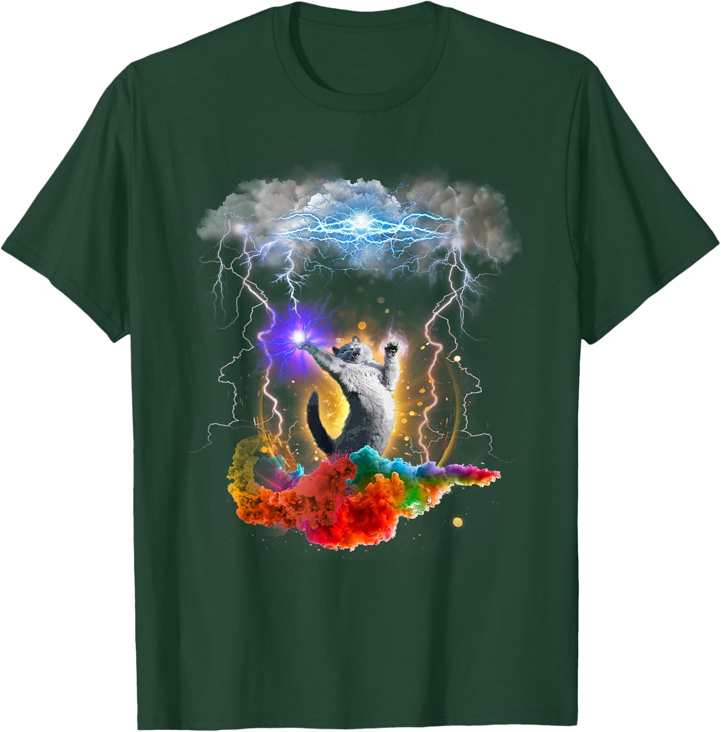 Crazy Space Cat Lightning Rainbow Men Women Kids T-Shirt - T-Shirt | Forest