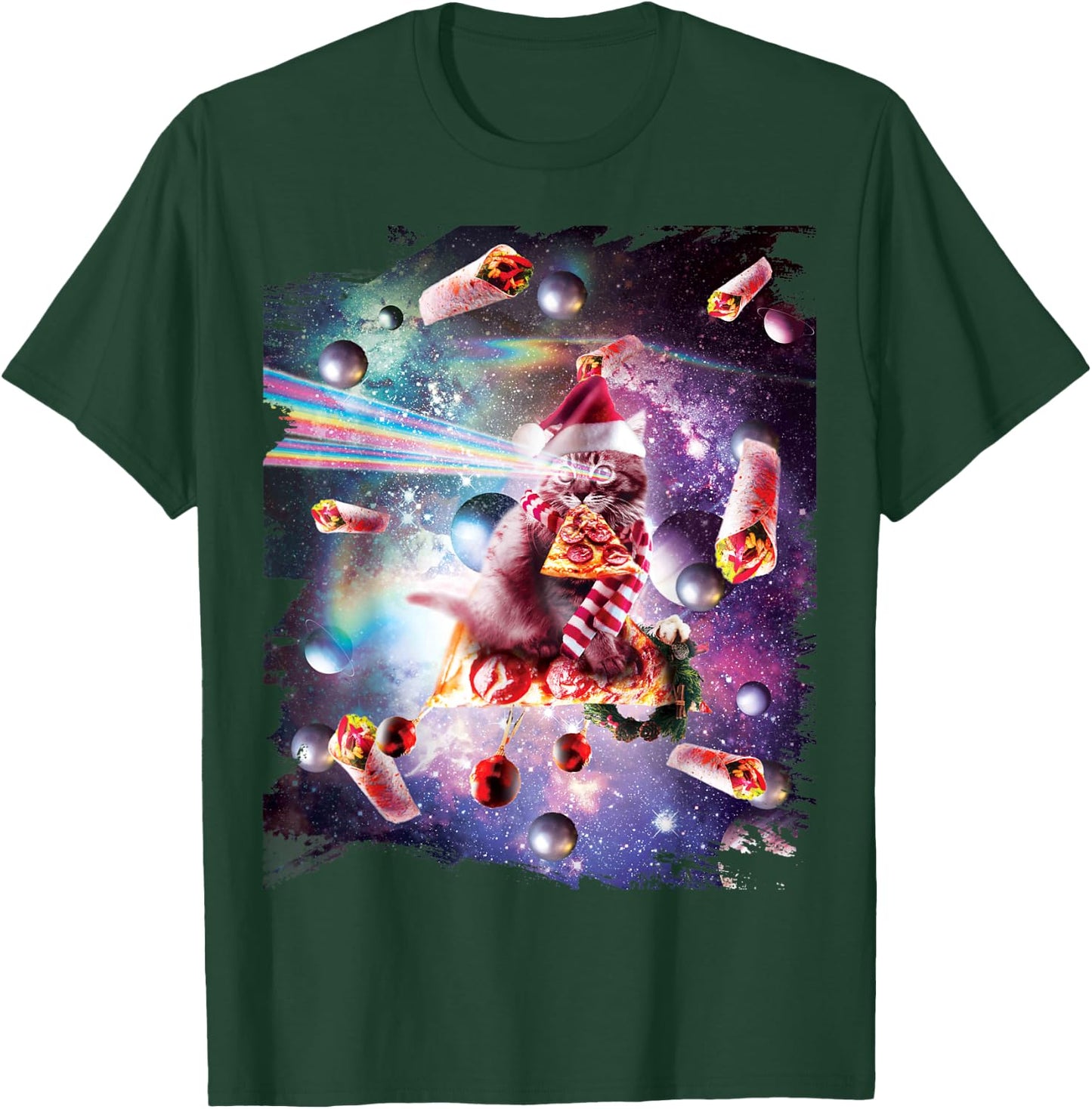 Christmas Space Cat Eating Pizza - Laser Eyes Xmas X-Mas Women Kids T-Shirt - T-Shirt | Forest