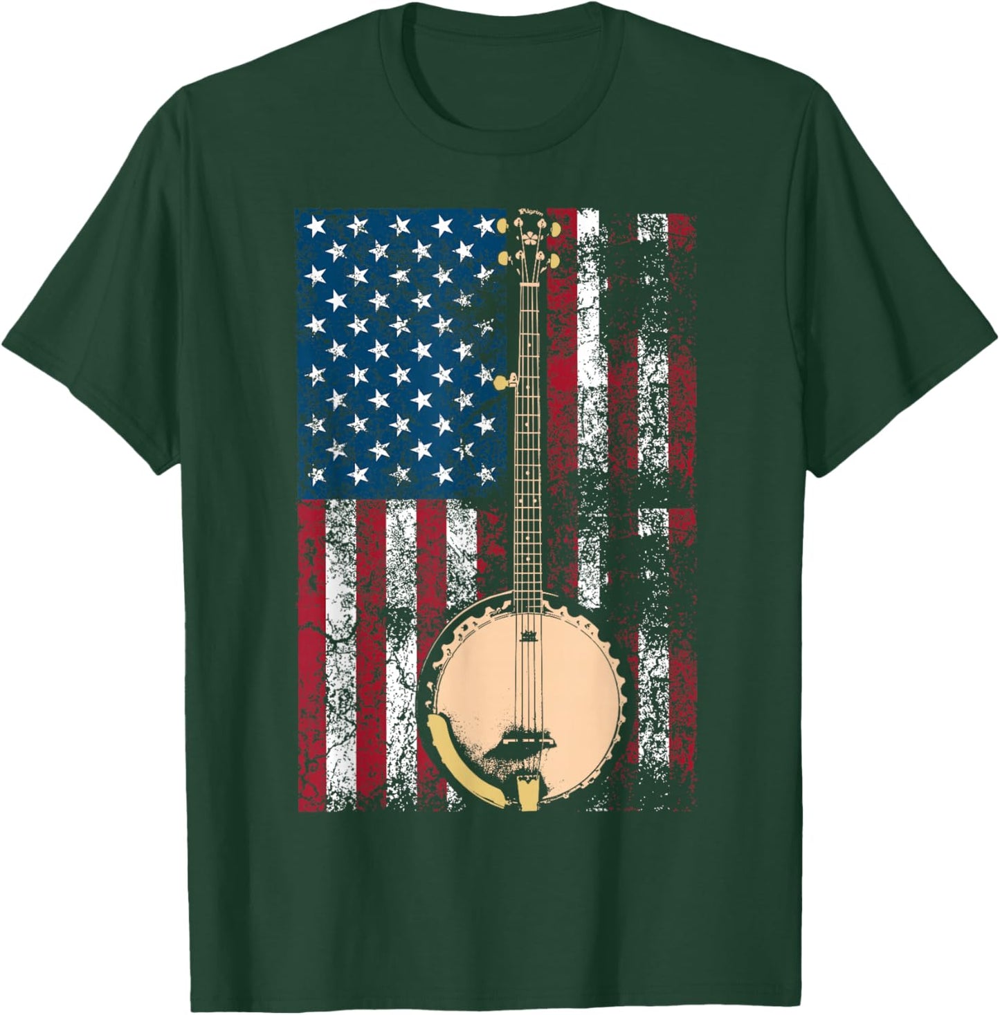 Cool USA Country Musical Instruments America Art Banjo In American Flag Bluegrass | Cute Fiddle Players Gift T-Shirt - T-Shirt | Forest
