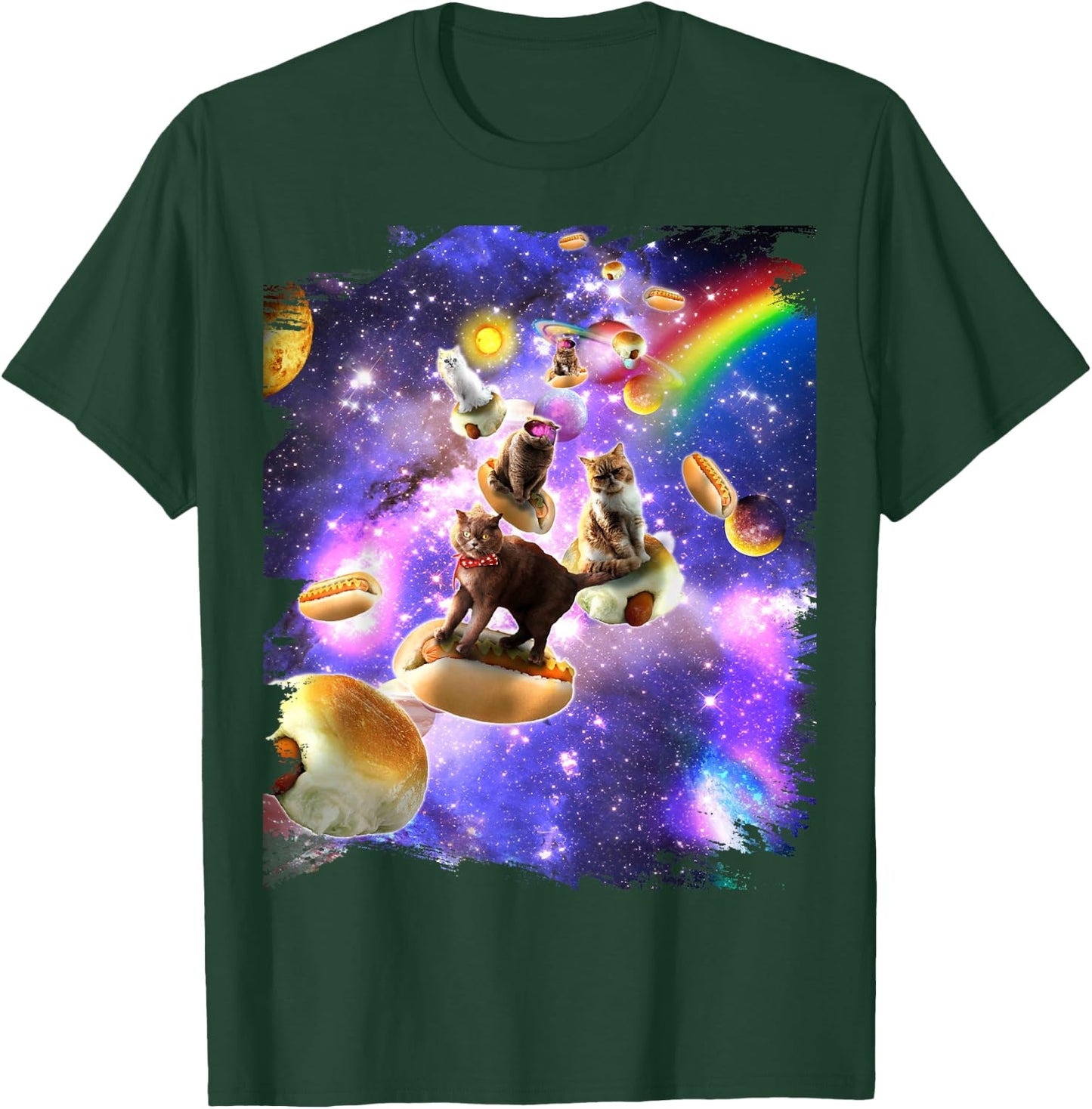 Space Cats Riding Hot Dogs Cat In Rainbow Galaxy T-Shirt - T-Shirt | Forest