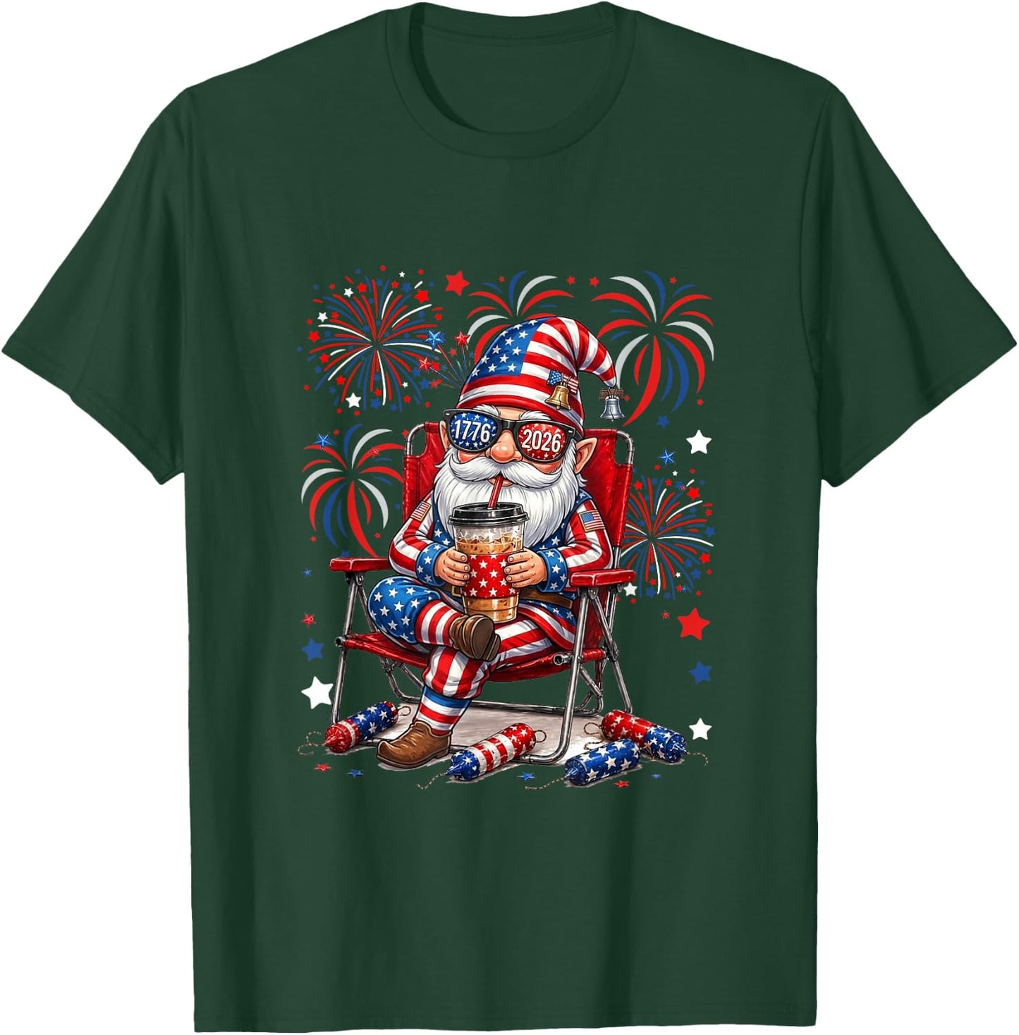 Gnome Sunglasses US Flag Drinking Coffee 4th July Patriotic T-Shirt - T-Shirt | Forest