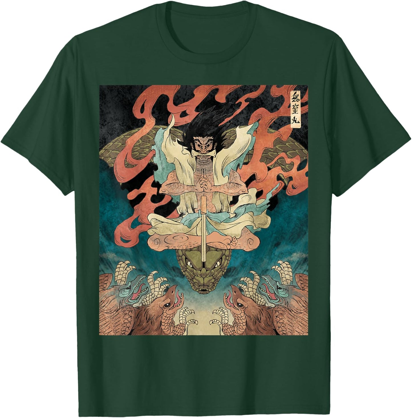 Japanese Vintage Artwork Tengu Gods Defeat Evil Snake Fan T-Shirt - T-Shirt | Forest