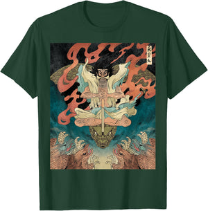 Japanese Vintage Artwork Tengu Gods Defeat Evil Snake Fan T-Shirt - T-Shirt | Forest