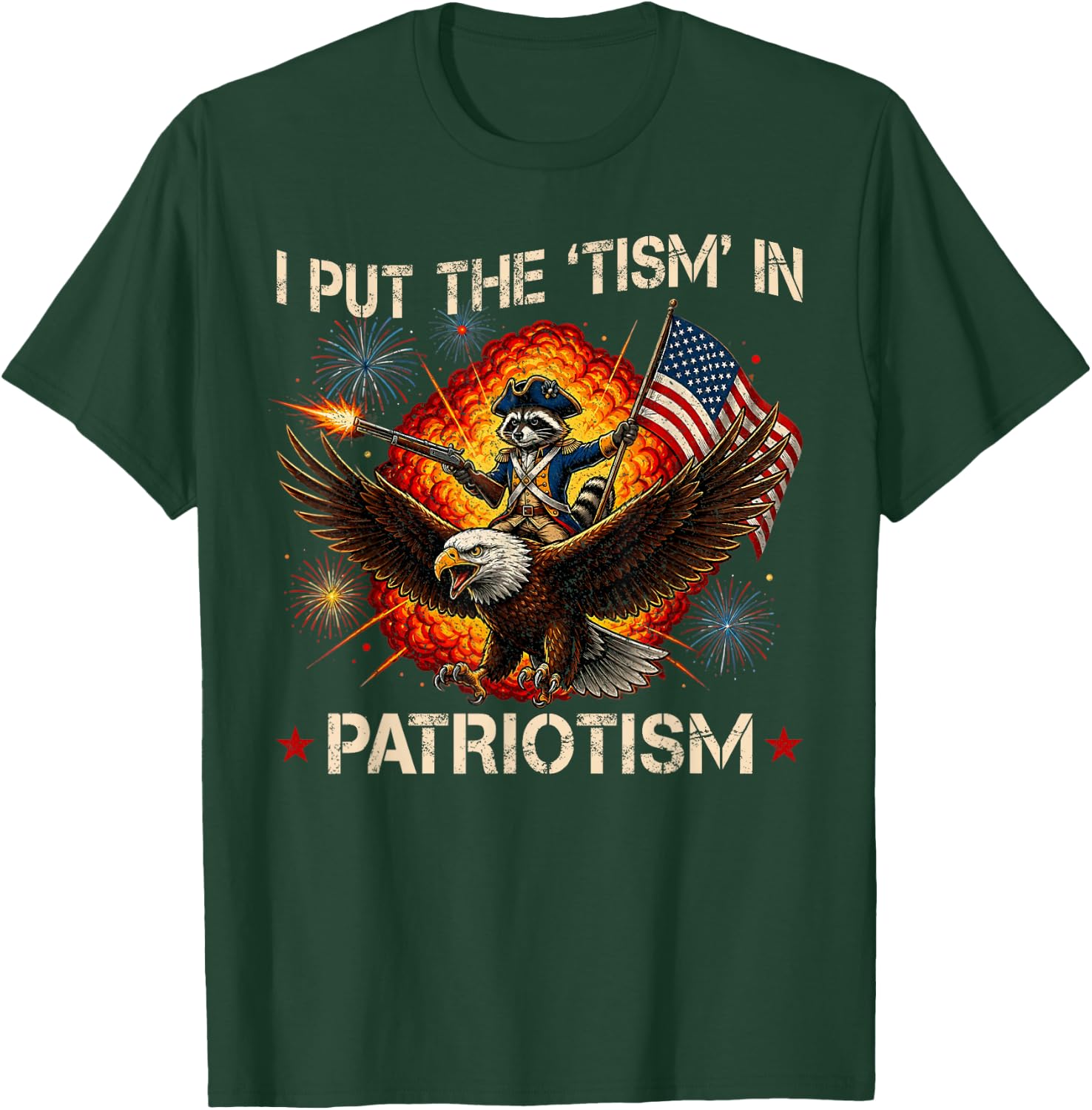 I Put The “Tism” in Patriotism Retro Eagle Raccoon USA Flag T-Shirt - T-Shirt | Forest