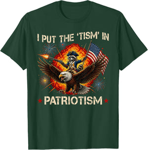 I Put The “Tism” in Patriotism Retro Eagle Raccoon USA Flag T-Shirt - T-Shirt | Forest