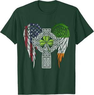 USA Flag Celtic Cross Irish American St Patrick's Day T-Shirt - T-Shirt | Forest
