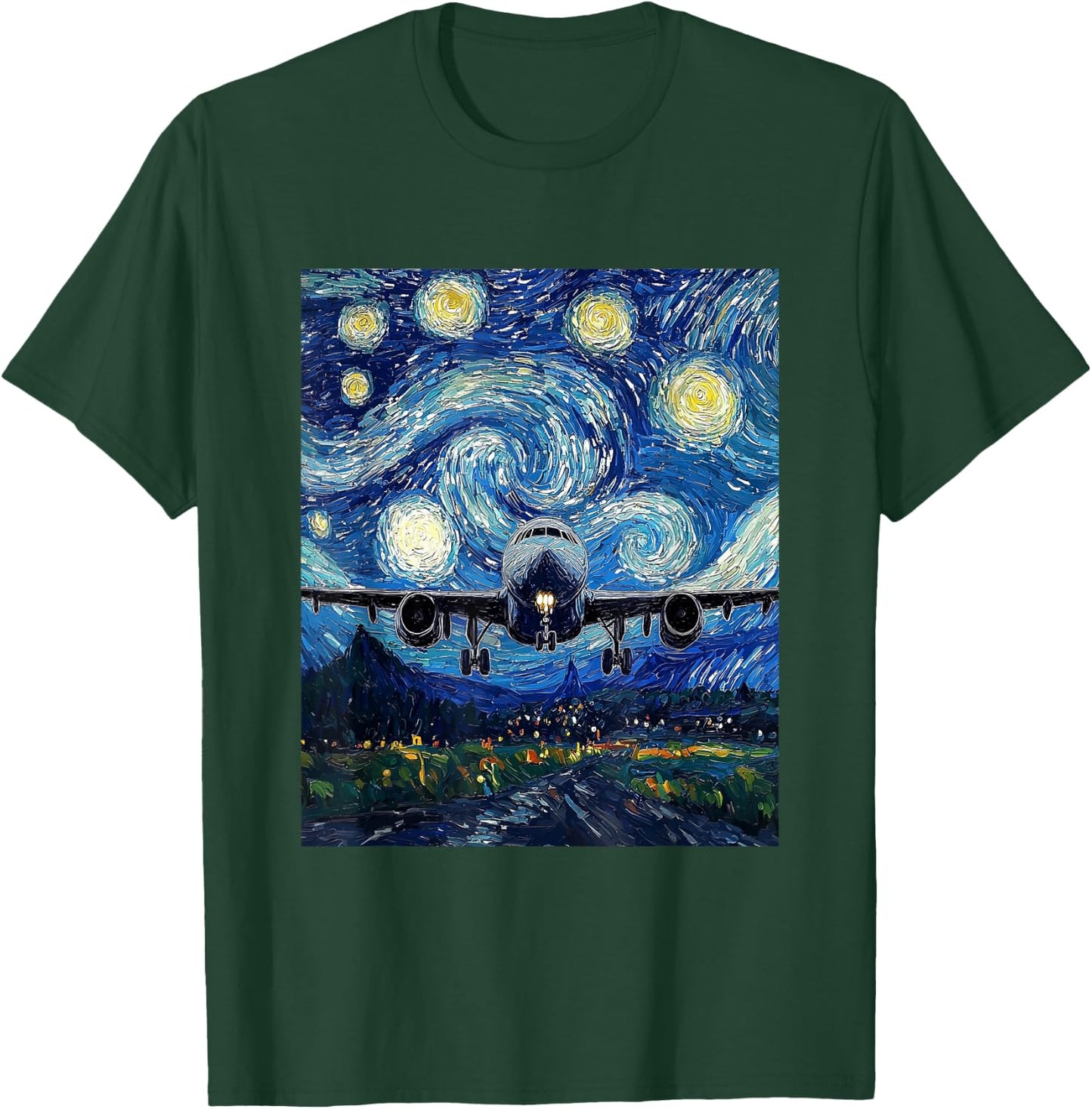 Airplane Flight Pilot Van Gogh Style Starry Night Graphic T-Shirt - T-Shirt | Forest
