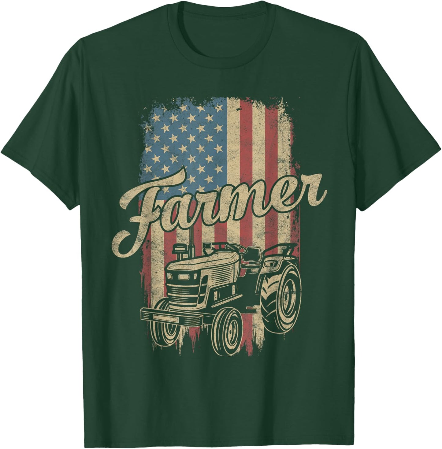 Farmer American Flag Retro Farming Tractor Usa Patrioticic Women Kids Men T-Shirt - T-Shirt | Forest