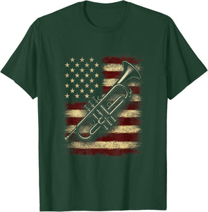 USA Flag with Brass Instrument - Retro American Music T-Shirt - T-Shirt | Forest