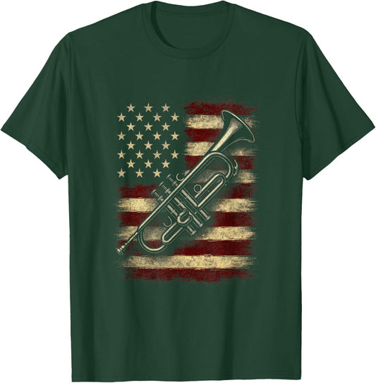 USA Flag with Brass Instrument - Retro American Music T-Shirt - T-Shirt | Forest