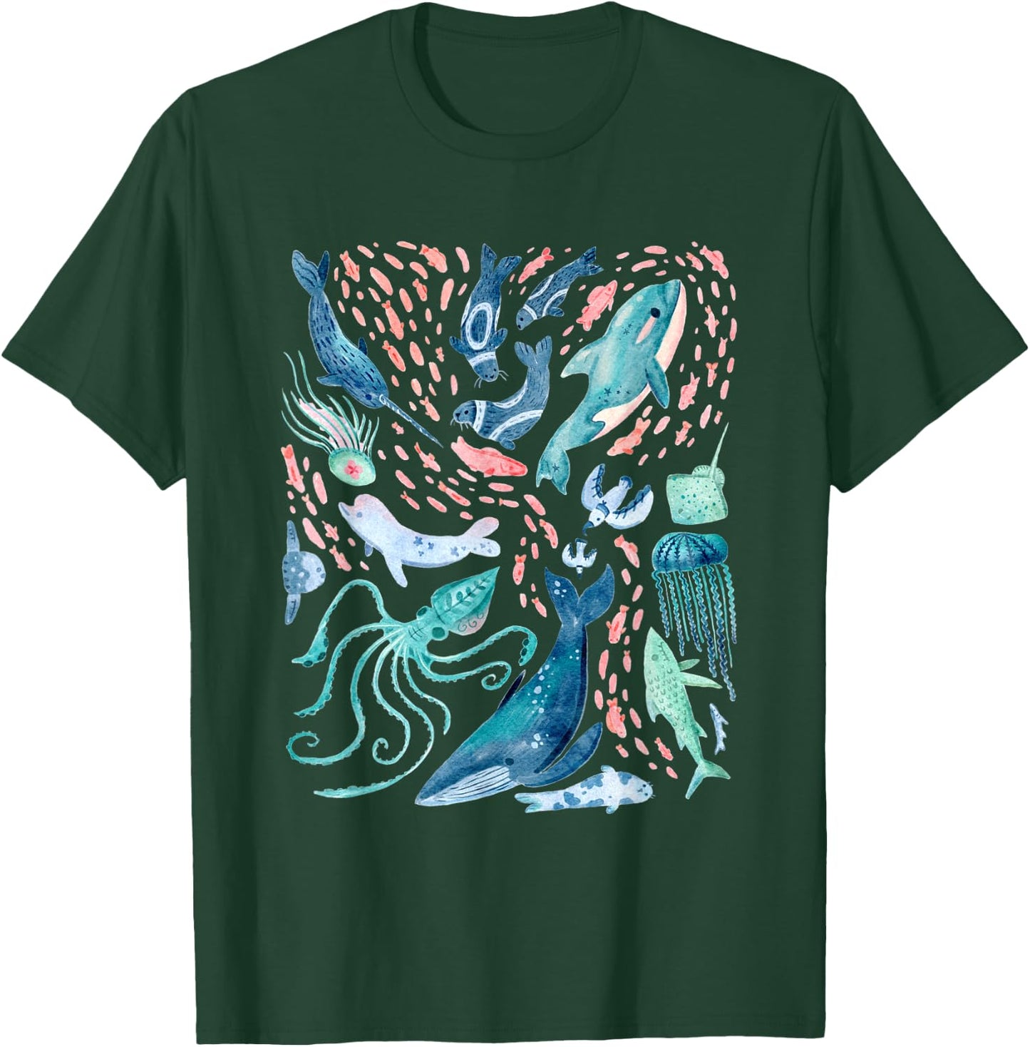 Watercolor Arctic Whales Fish Beluga Narwhal Squid Jellyfish T-Shirt - T-Shirt | Forest