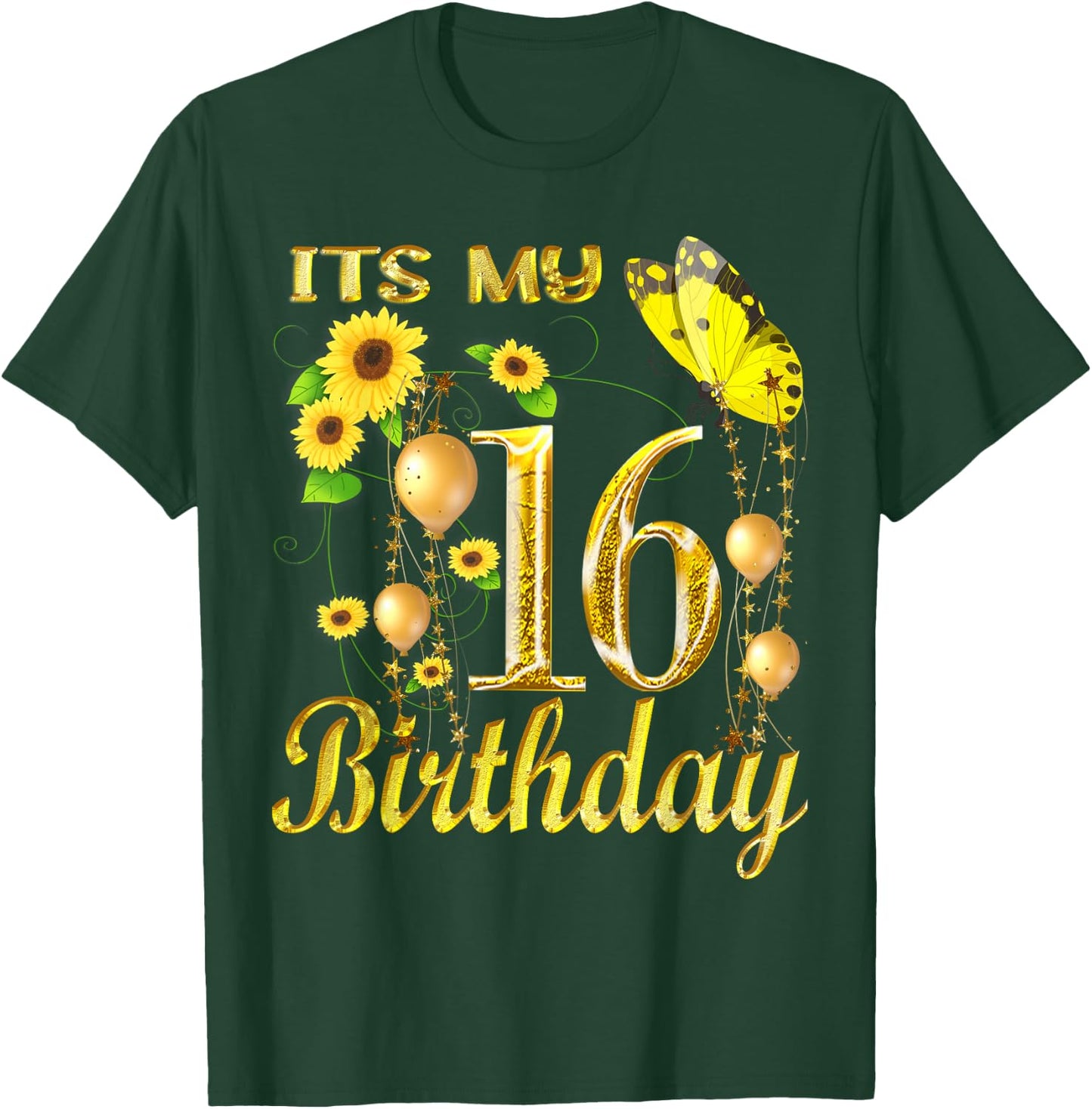 Its My 16th Birthday 16 Year Old Girl Sunflower Butterfly T-Shirt - T-Shirt | Forest