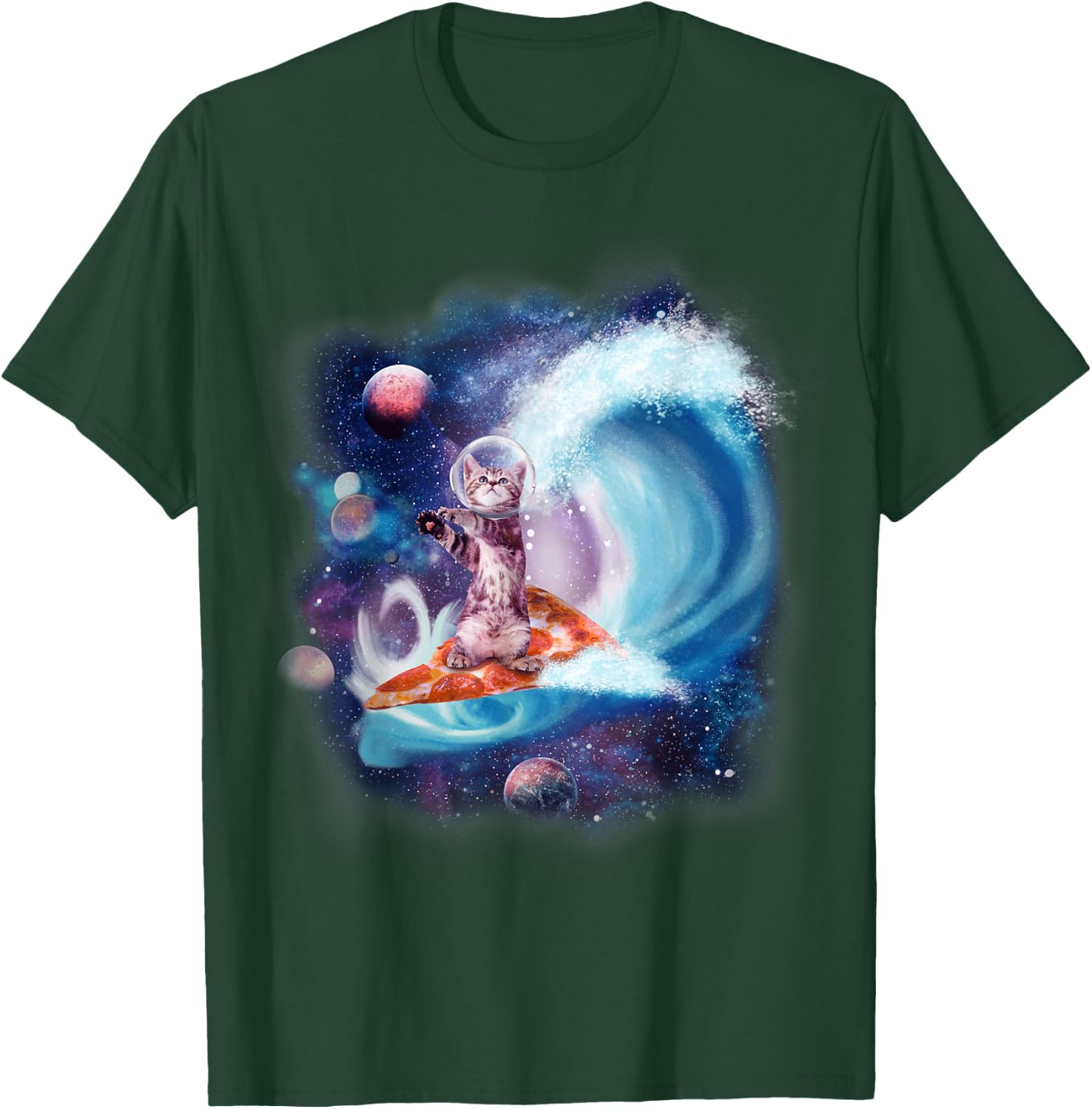 Cat Wearing Helmet Surfing On Pizza Surfboard Funny Men Women Kids T-Shirt - T-Shirt | Forest