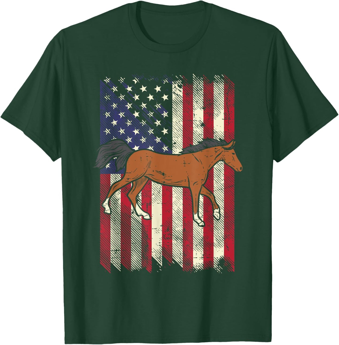 American Flag Horse Vintage Patriotic Equestrian Men Women T-Shirt - T-Shirt | Forest