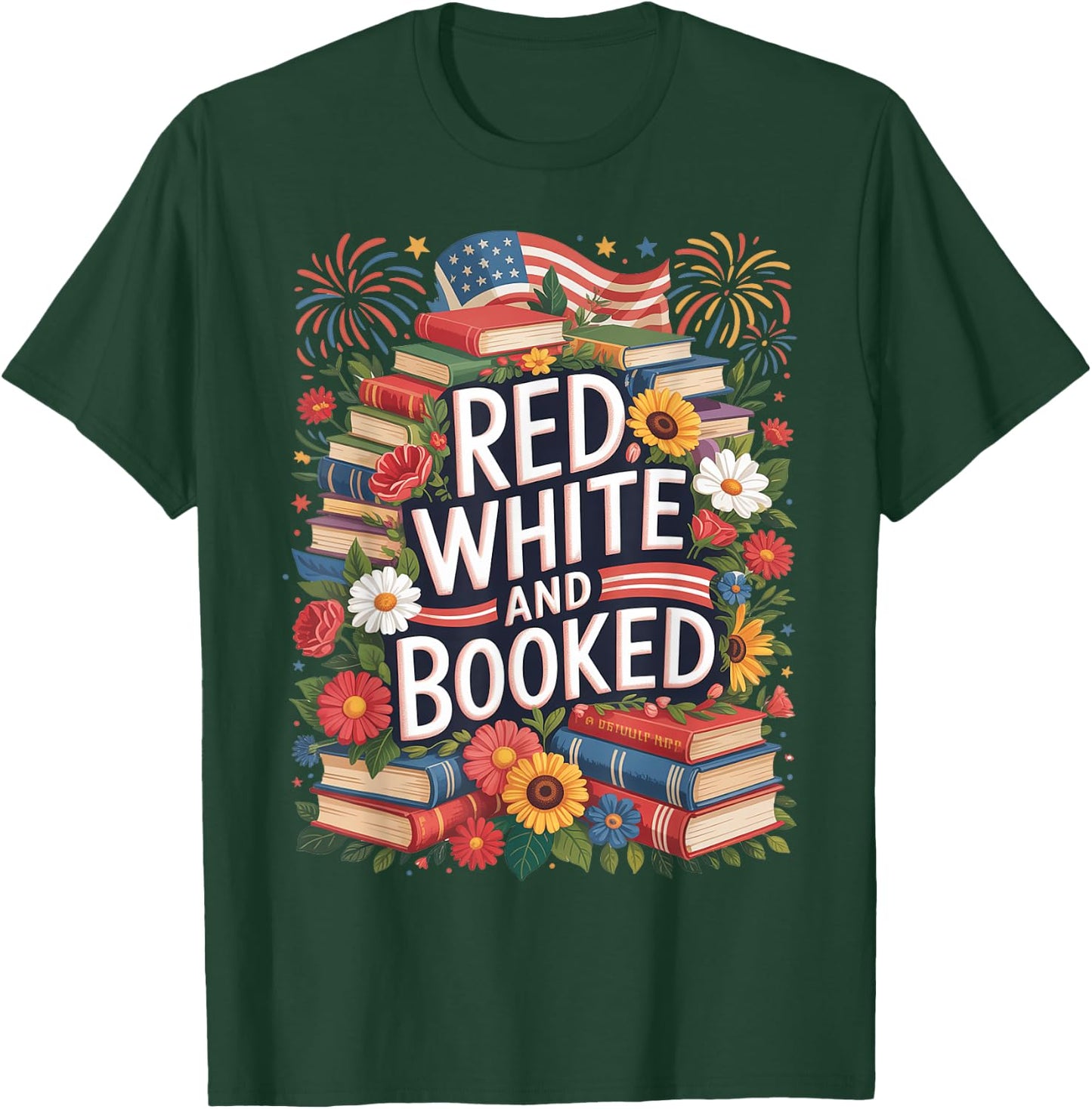 Retro Floral Red White & Booked Library Reading 4th Of July T-Shirt - T-Shirt | Forest