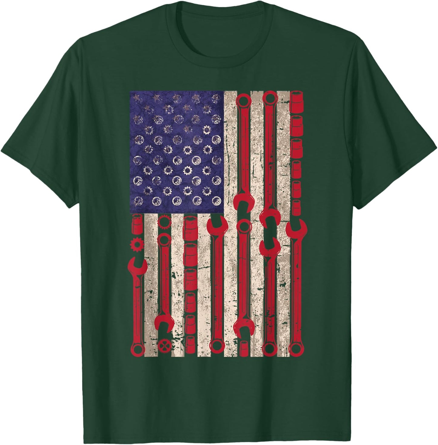 USA Flag Wrench Tools 4th of July Patriotic Mechanic T-Shirt - T-Shirt | Forest