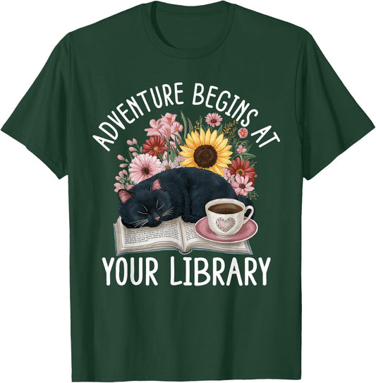 Adventure Begins At Your Library Summer Reading 2024 Cat T-Shirt - T-Shirt | Forest