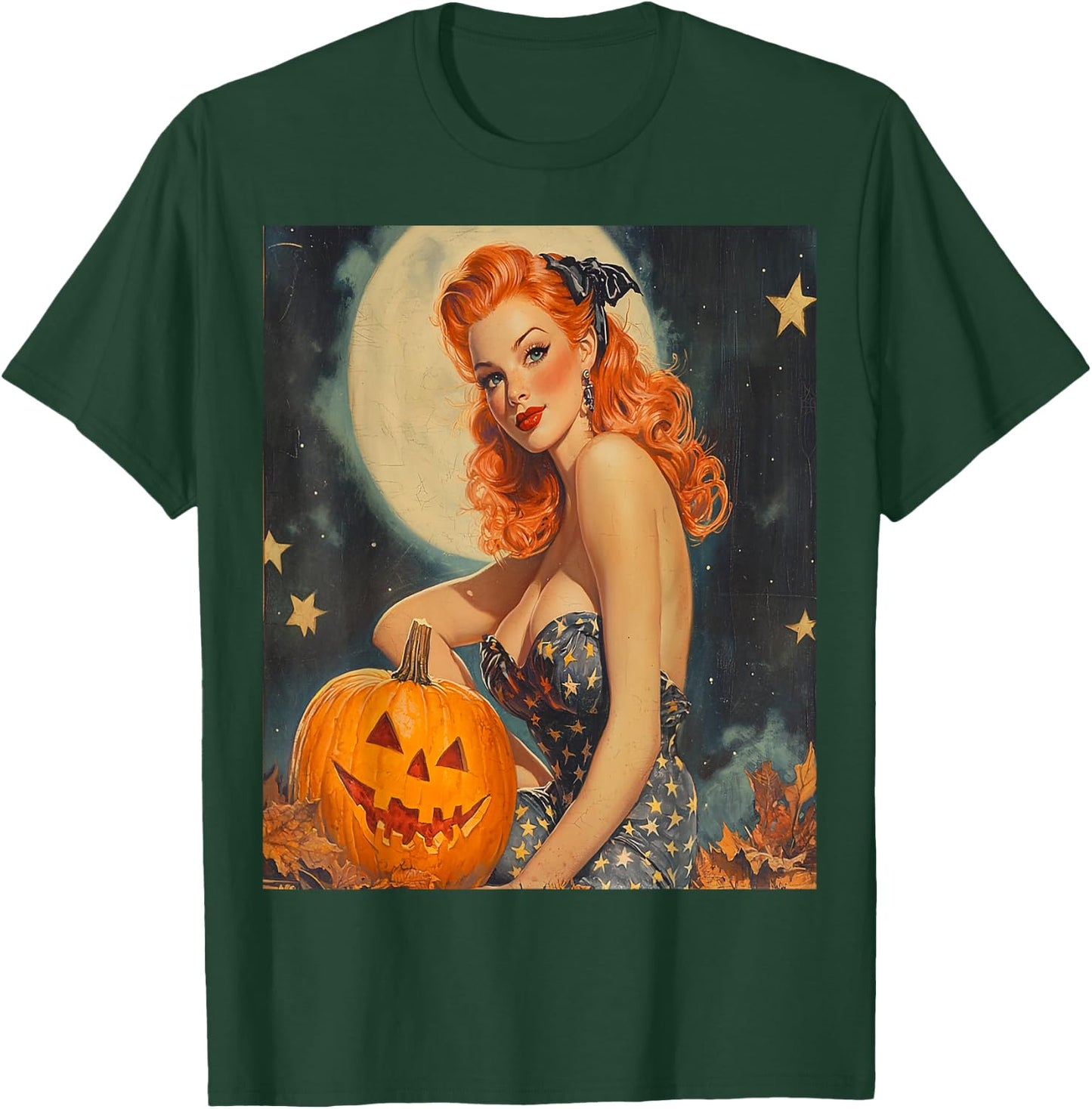 Retro Vintage Pumpkin Halloween Pinup Girl Model Posing Art T-Shirt - T-Shirt | Forest