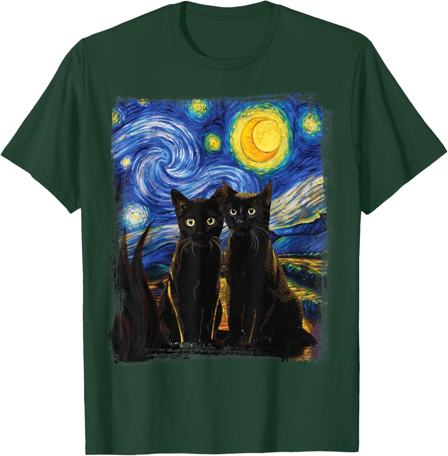 Starry Night Vincent Van Gogh Famous Painting Black Cats T-Shirt - T-Shirt | Forest