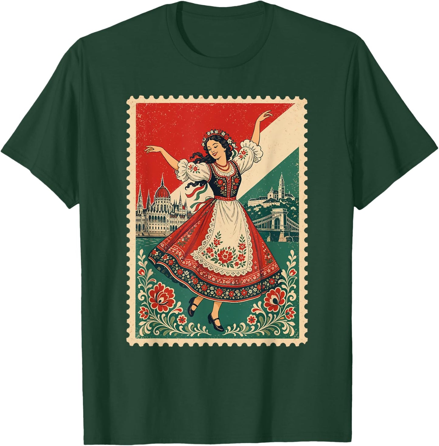 Vintage Hungary Flag Stamp Hungarian Folk Dancer Design T-Shirt - T-Shirt | Forest
