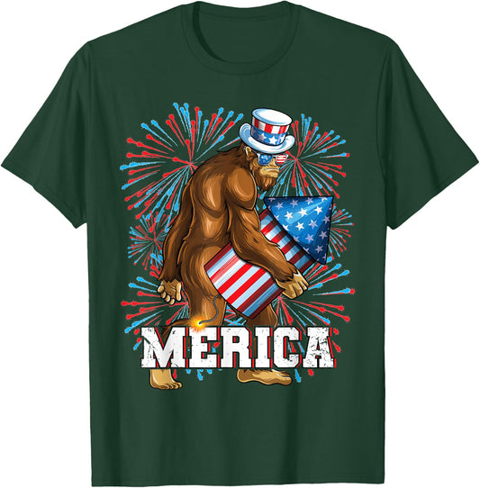 Bigfoot Fireworks 4th of July Boys Men Merica T-Shirt - T-Shirt | Forest