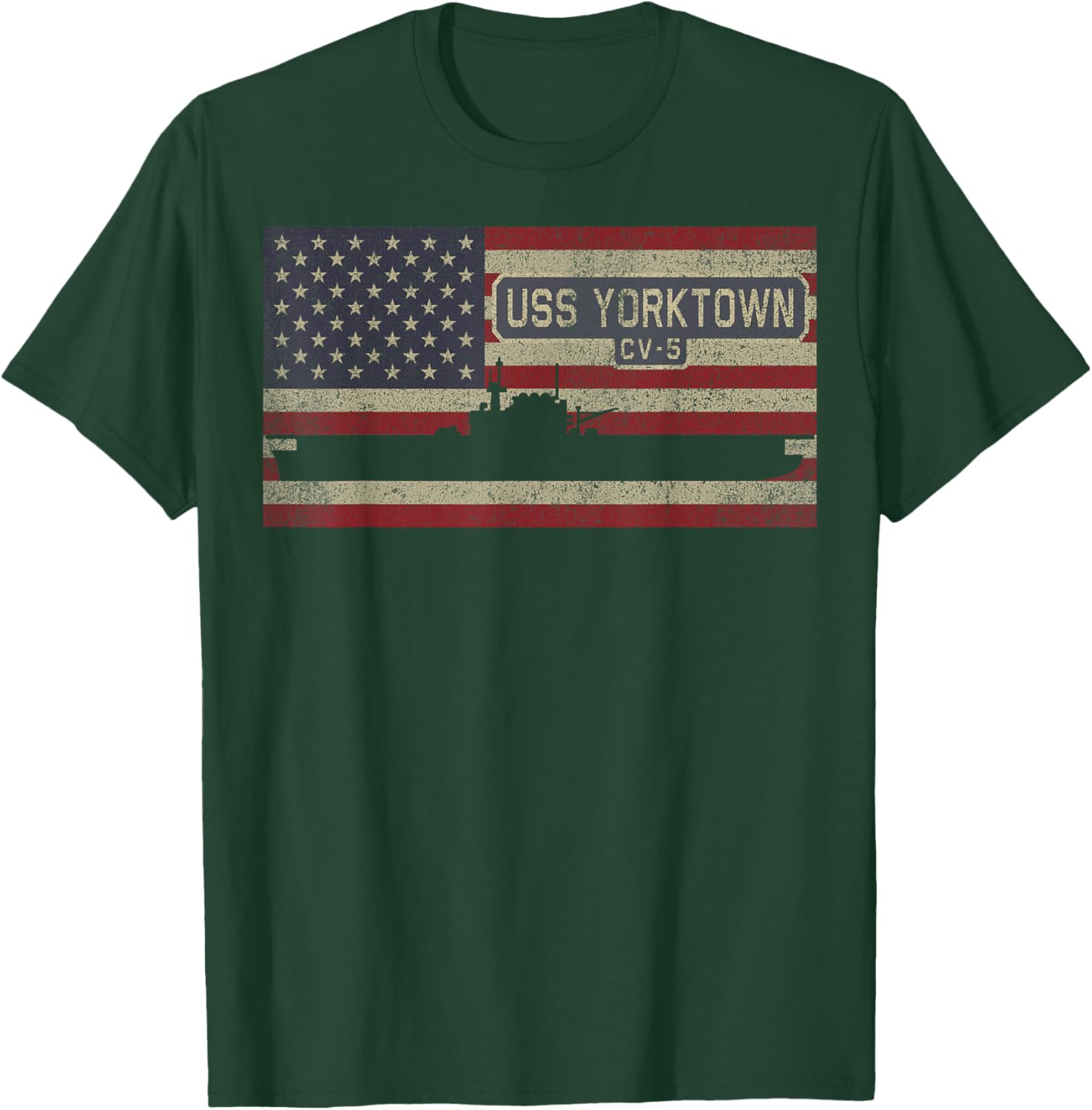 USS Yorktown CV-5 WW2 Aircraft Carrier USA American Flag T-Shirt - T-Shirt | Forest