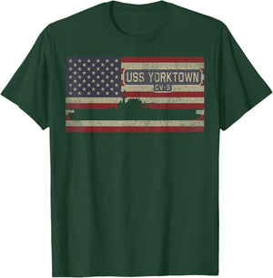 USS Yorktown CV-5 WW2 Aircraft Carrier USA American Flag T-Shirt - T-Shirt | Forest