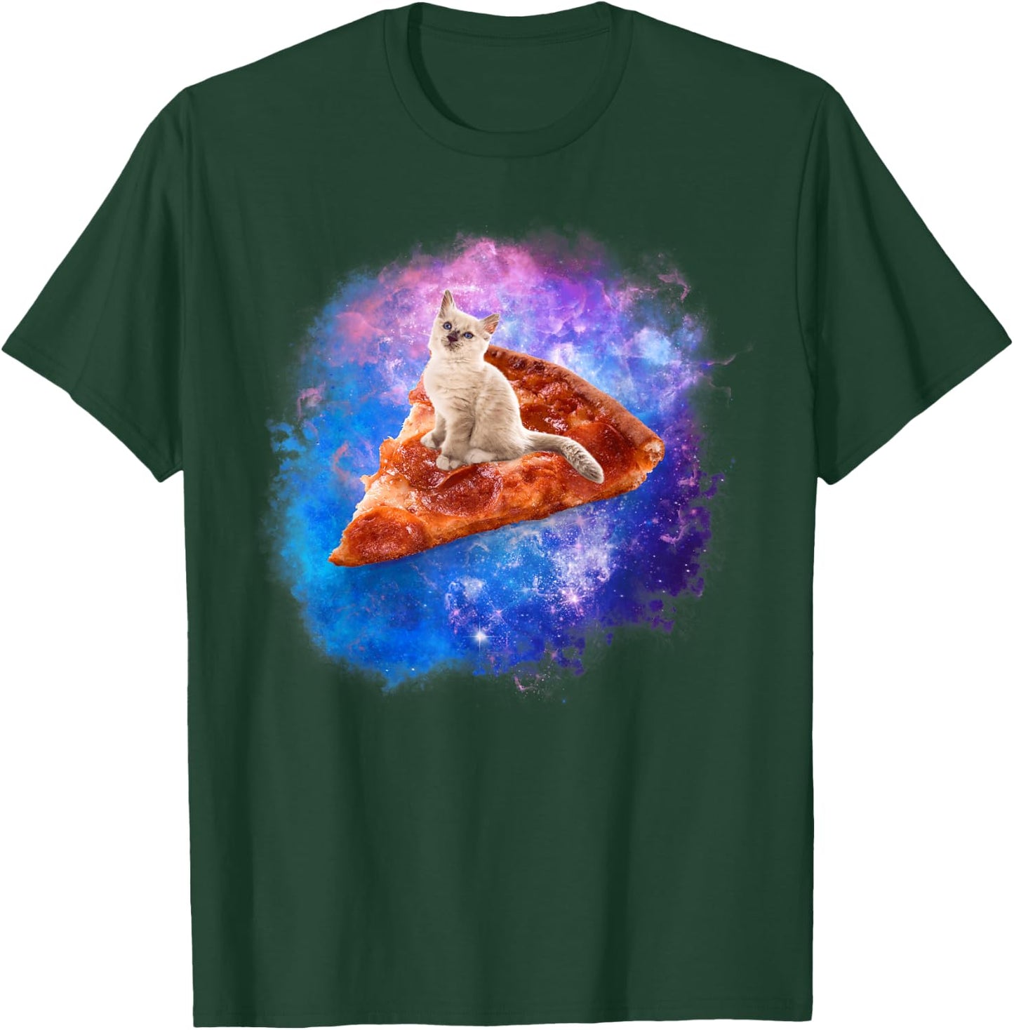 Galaxy Cat Riding A Pizza Men Women Kids T-Shirt - T-Shirt | Forest