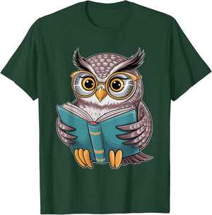 Owl Reading A Book Owls Wearing Glasses Librarian T-Shirt - T-Shirt | Forest