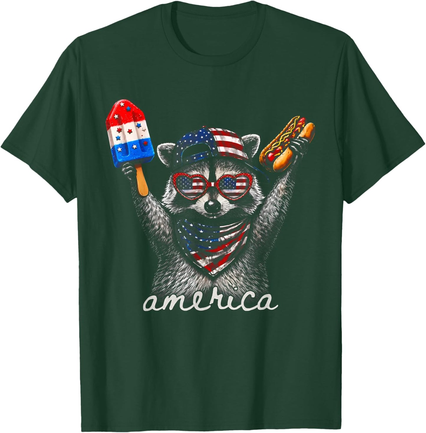 America Raccoon Ice Cream & Hot Dog 1776-2026 4th of July T-Shirt - T-Shirt | Forest
