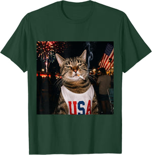 Funny Patriotic Smoking Cat Meme Vintage 4th of July 250 T-Shirt - T-Shirt | Forest