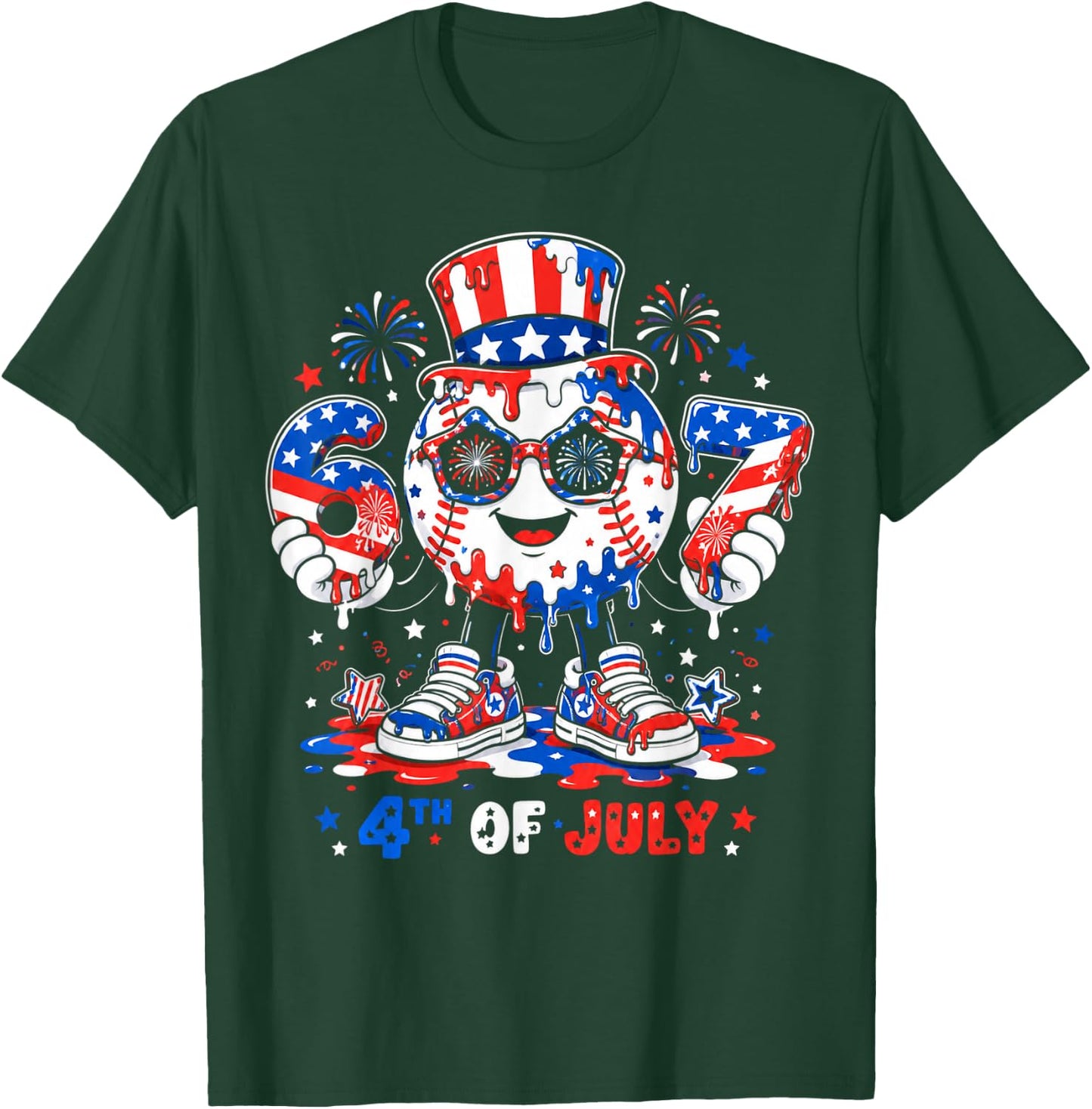 67 Baseball Drip Ice Cream Boys Girls 4th of July American T-Shirt - T-Shirt | Forest