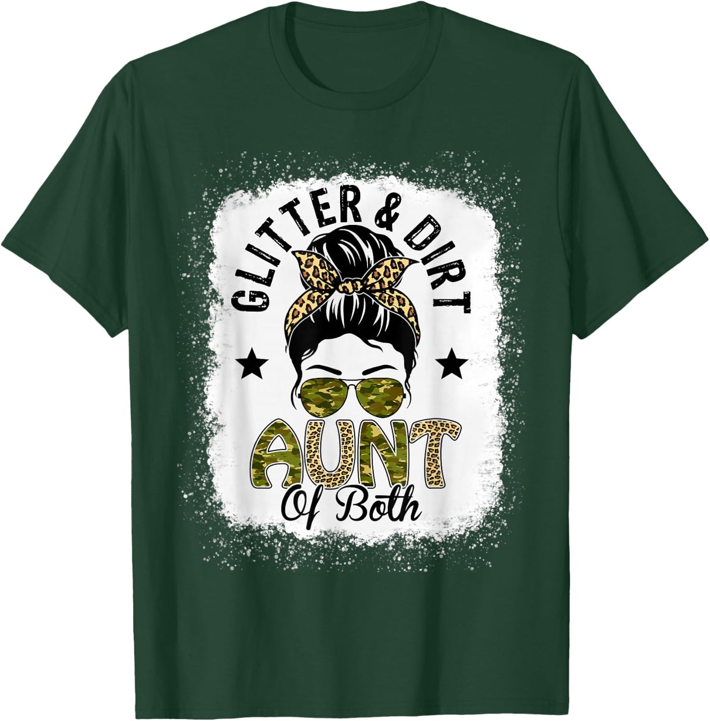 Aunt Of Both Messy Bun Leopard Camo Bleached Mother's Day T-Shirt - T-Shirt | Forest