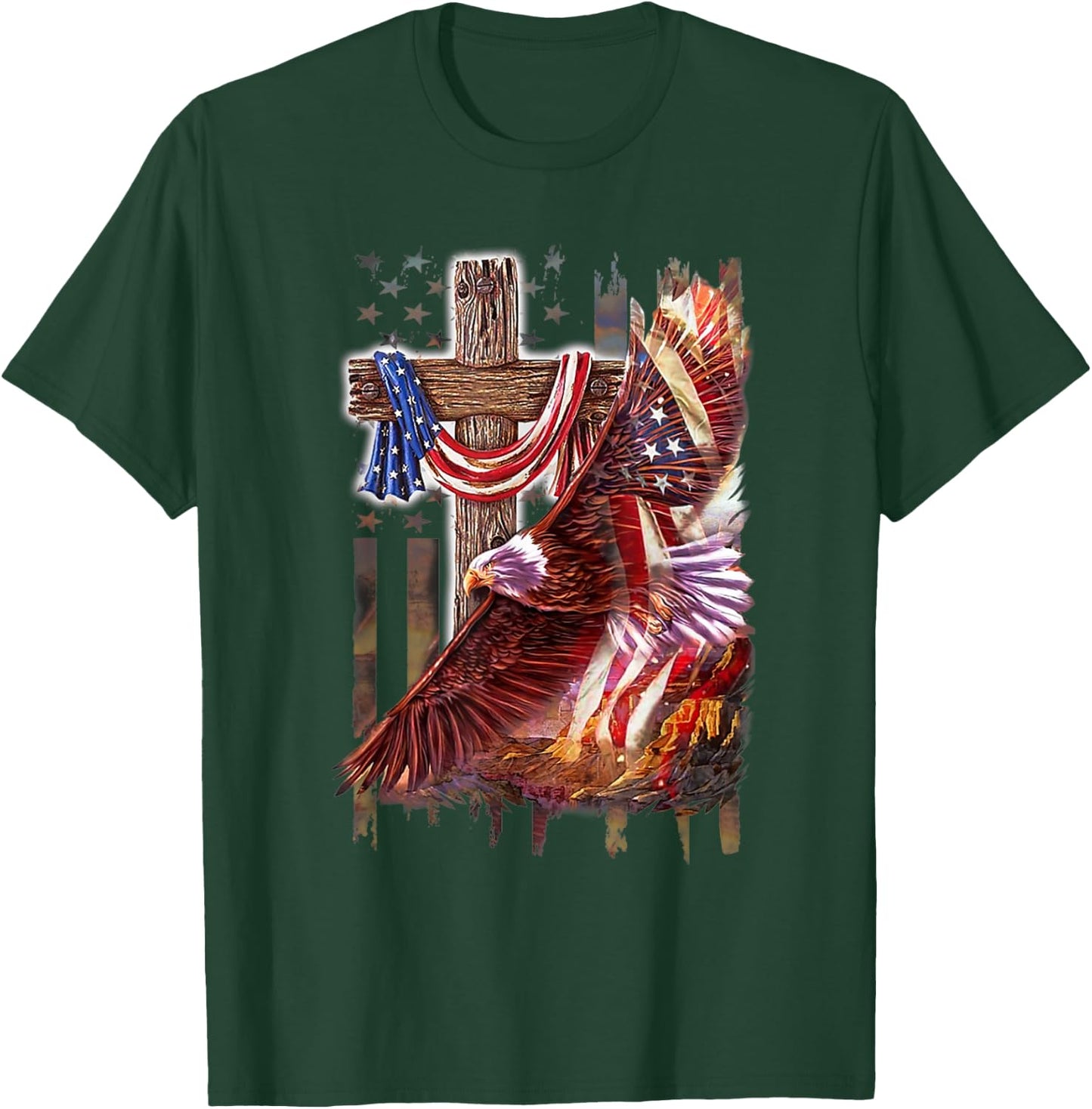 Cross Christian Jesus Eagle Flag American T-Shirt - T-Shirt | Forest