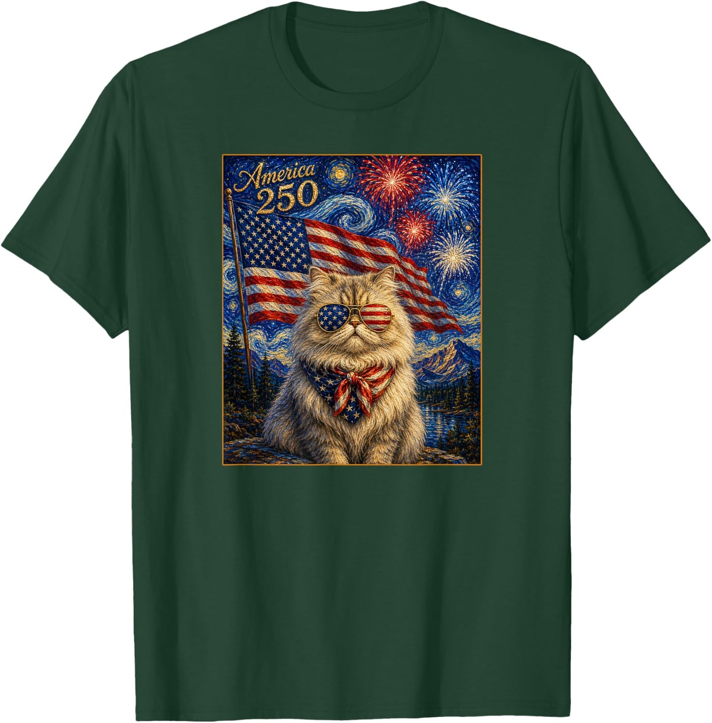 Persian Cat Art America 250 Anniversay 4th of July USA Flag T-Shirt - T-Shirt | Forest
