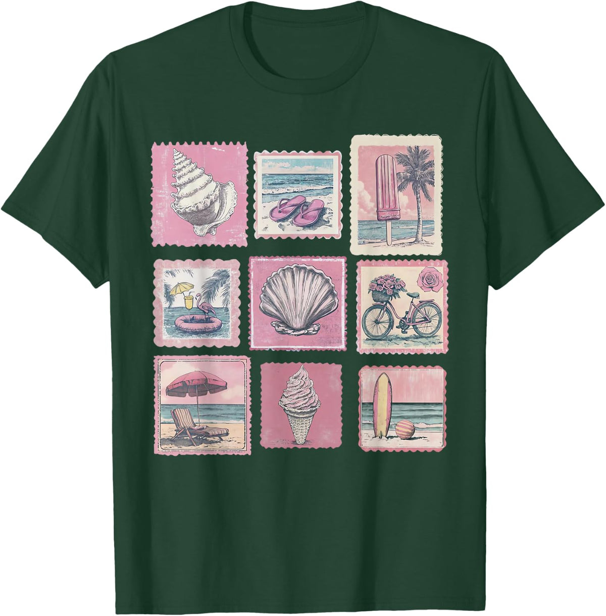 Vintage Pink Coastal Beach Summer Vacation Stamps Sea Lovers T-Shirt - T-Shirt | Forest
